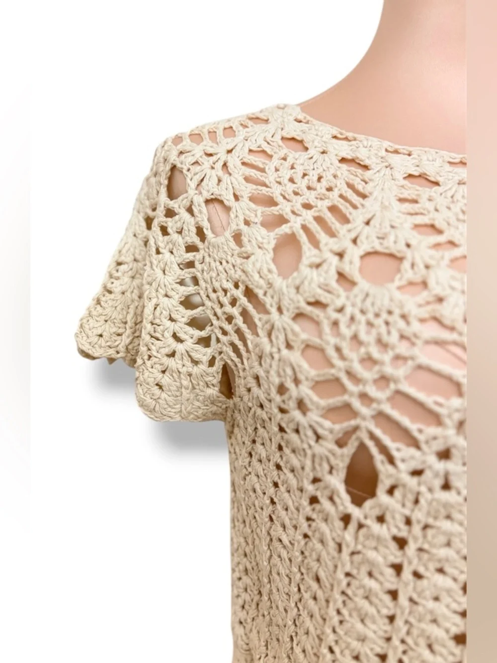 Free People Vintage 60s Crochet Tie Waist Top Ivory OS